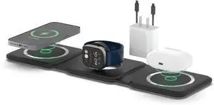 3 in 1 Foldable Magnetic Wireless Fast Charger Station Desk and Travel with 20W Adapter for iPhone 15 14 13 12 11 XR X iWatch 9 8 7 6 5 4 3 2 Nike AirPods 3 2