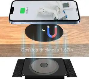 40MM Magnetic Invisible Wireless Charger Under Desk 15W Furniture Wireless Charging Pad for Magsafe iPhone 15/14 (with PD Adapter) (Magsafe Desk Sticker Coil Included)