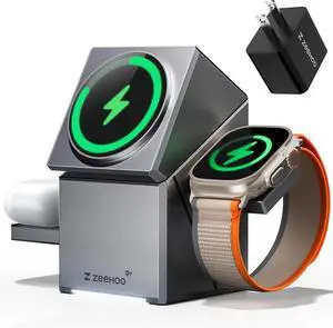 3 in 1 Wireless Charging Station for iPhone 15/16  Watch and AirPods - Qi2 Certified 15W Fast Charging Auto-Rotating Stand - Metal Gray