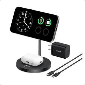 MagSafe Compatible MagGo Charger Stand iPhone 16 Wireless Charger 2-in-1 Charging Station Qi2 Certified 15W Max Charging for iPhone 16/15/14/13/12  (40W USB-C Adapter Included)