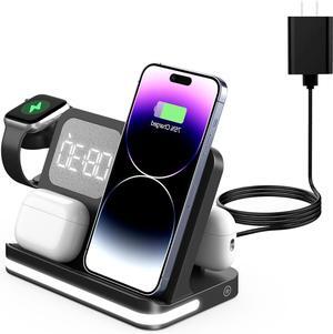 7 in 1 Wireless Charger for iPhone Wireless Charging Station Compatible with Multiple Devices iPhone AirPods and  Watch - iPhone Fast Charging Station with Night Lamp and Clock(Black)