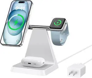 Magnetic Wireless Charger for iPhone - 3-in-1 Fast Charging Station Compatible with MagSafe Charger iPhone 16-12 Series  Watch AirPods for Nightstand Desktop Bedside (White)