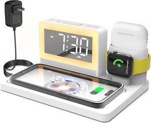 5 in 1 Bedside Wireless Charging Station with Alarm Clock and 7 Color Night Light for Magsafe for iPhone for  Watch for Airpod Magnetic Cell Phone Charger Docking Stand for  Devices (White)
