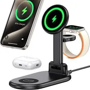 3 in 1 Charging Station for  Mag-Safe Charger 15W Max Foldable Wireless Charging Stand for iPhone 16/15/14/13/12 Fast Magnetic Travel Charger for Multiple Devices iWatch Airpods (Black)