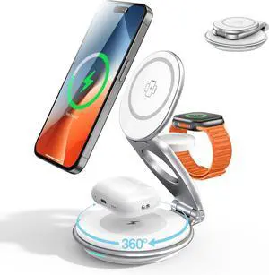 Wireless Charging Station for Magsfe Charger 3 in 1 Wireless Charger for Magsafe Charging Station Foldable Charger for iPhone 16/15/14/13/12 Series for  Watch & AirPod(30W Charger Included)