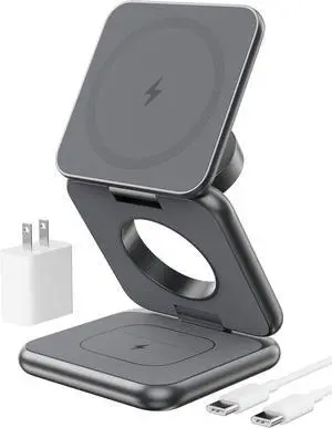 Foldable Magnetic Wireless Charger X40 Aluminum Alloy 3 in 1 Charging Station for  Fast Mag-Safe Charger Stand for iPhone 16 15 14 13 12 Series 5W for iWatch AirPods 3/2/Pro Gray