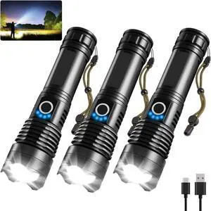 3Pack Rechargeable Flashlights High Lumens 990000lm Super Bright Flashlight 5Modes LED Flashlight Rechargeable Adjustable Tactical Flashlights High Powered Flash Lights for Emergency Camping Home