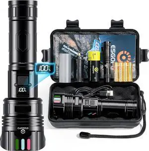 Super Bright Flashlight 1000000 High Lumens Rechargeable Powerful Long Distance 3280ft Strong LED Flash Lights Long Lasting 10H LCD Digital USB Discharging Function Focus & Brightness Adjustable