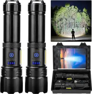 Rechargeable Flashlight 2 Pack 900000 High Lumens Super Bright Flash Light 7 Modes with COB Work Light IPX6 Waterproof Powerful Handheld LED Flashlights for Camping Hiking
