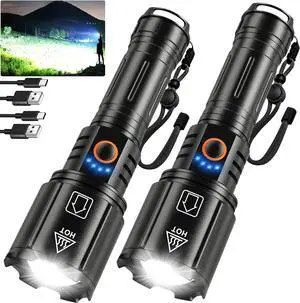 High Lumens Rechargeable Flashlight 2 Pack 990000 Lumen Super Bright Flashlights for Home 5 Modes IPX6 Waterproof Slip Resistant