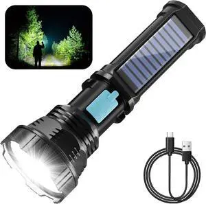 Solar/Rechargeable LED Flashlight 4 Modes Multi Function Flashlights High Lumens with 2000 mAh Battery Emergency Strobe Light Waterproof Fast USB Charging for Home Emergencies Camping