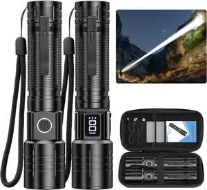 Tactical High Lumens Flashlights LED Rechargeable 20000LM Super Bright Flash Light with Power Display Waterproof Small Flashlights for Camping Emergencies 6Modes Zoomable Pocket