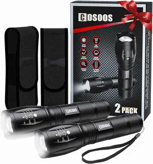 2 Tactical Flashlights with Holsters Bright LED Flashlight 1000 Lumen 5 Mode Portable Zoomable Waterproof Flash Light for Hiking Outdoor Camping Gear Essential No AAA Battery