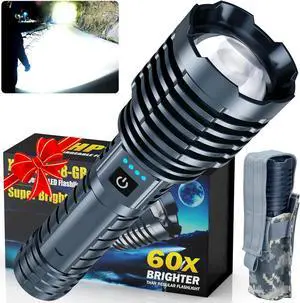Super Bright Rechargeable LED Flashlights True 2500000 High Lumens Powerful Tactical Flashlight Up to 25H Long Battery Life |Zoomable|5Light Modes|IP67 Water Resistant for Camping (Grey)