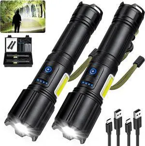 Rechargeable Flashlights High Lumens 2 Pack 900 000 Lumen Super Bright Flashlight Led Flash Light 7 Modes with COB Work Light IPX6 Waterproof for Outdoor Camping Hiking