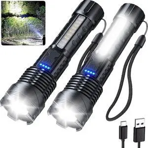 Flashlights High Lumens Rechargeable 2 Packs High Lumens Led Tactical Flashlight Battery Powered with 7 Light Modes Cob Side Light USB C Waterproof Zoomable Powerful Handheld Flash Light