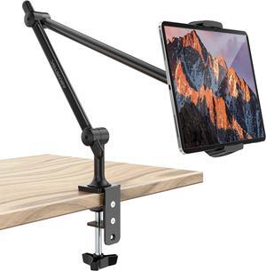 Tablet Stand Holder Aluminum iPad Holder for Desk & Bed Adjustable Arm Clamp Mount with 360° Rotation Overhead Compatible with 4.7-13.5 iPad Pro/Air/Mini iPhone Galaxy Tab- Black