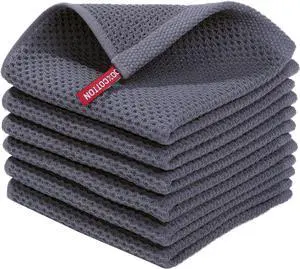 100% Cotton Waffle Weave Kitchen Dish Cloths Ultra Soft Absorbent Quick Drying Dish Towels 12 x 12 Inches 6-Pack Dark Grey