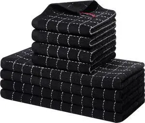 Kitchen Towels and Dishcloths Set 12 x 12 and 13 x 28 Inches Set of 8 Bulk Cotton Terry Kitchen Towels Set Checkered Designed Soft and Super Absorbent Dish Cloths Black
