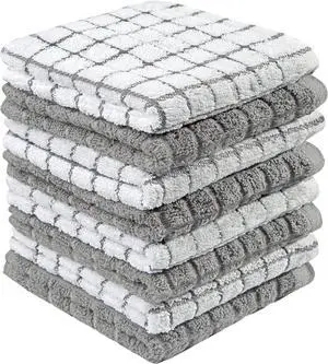 Bumble Premium Cotton Dish Cloths (12 x 12) Grey Check Design | Highly Absorbent | Natural Ring Spun Cotton | Kitchen Dish Towel Set | 380 GSM - 8 Pack