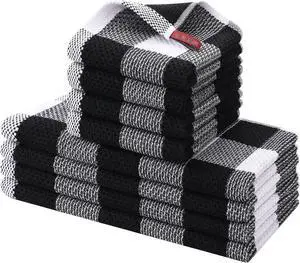Kitchen Towels and Dishcloths Set 12 x 12 and 13 x 28 Inches Set of 8 100% Cotton Waffle Weave Check Plaid Kitchen Dish Towels Super Soft and Absorbent Dish Cloths White & Black