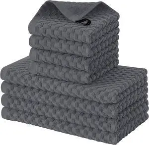 100% Cotton Kitchen Towels and Dishcloths Set 12 x 12 & 15 x 25 Inches Set of 8 Bulk Super Soft and Absorbent Terry Cloth Dish Towels Quick Drying Hand Towels with Hanging Loop Dark Grey