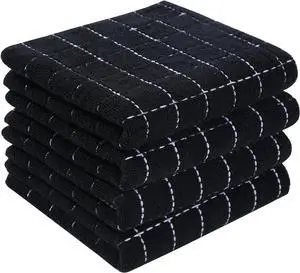 100% Cotton Terry Kitchen Towels(Black 13 x 28 inches) Checkered Designed Soft and Super Absorbent Dish Towels 4 Pack