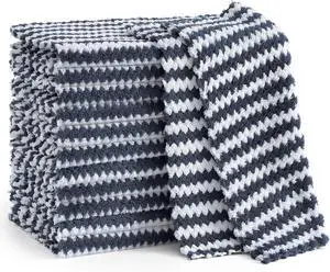 12 Pack Kitchen Dish Cloths Ultra Soft and Absorbent Dish Towels Reusable Fast Drying Microfiber Cleaning Cloth Coral Velvet Wave Design Non-Linting 10 x 10 inches Dark Grey