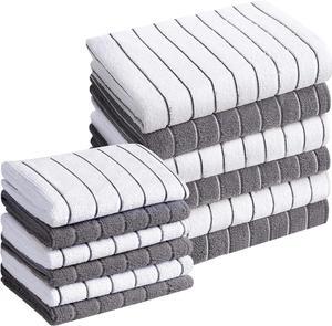 Microfiber Kitchen Towels and Dishcloths Set 26 X 18 Inch and 12 X 12 Inch Set of 12 Lint Free Dish Towels for Drying Dishes Gray and White