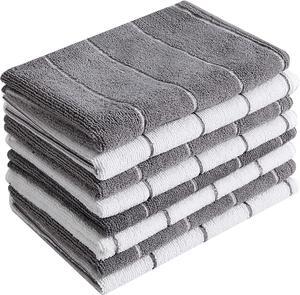 Microfiber Kitchen Towels - Super Absorbent Soft and Solid Color Dish Towels 8 Pack (Stripe Designed Grey and White Colors) 26 x 18 Inch