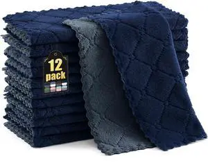 12 Pack Kitchen Cloths Dish Towels (10 x 10 Dark Grey & Navy Blue) Super Soft and Absorbent Dish Cloths Coral Velvet Microfiber Cleaning Cloth Nonstick Oil Fast Dry Dishcloths
