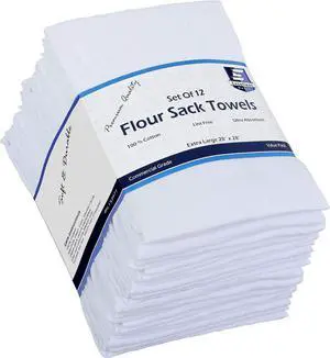 Flour Sack Kitchen Towels (White 12 Pack) 100% Cotton 28x28 Inch Cloth Napkin Bread wrapper Cheesecloth Multi Purpose Kitchen Dish Towels Bar Towels Extremely Absorbent & Sturdy By