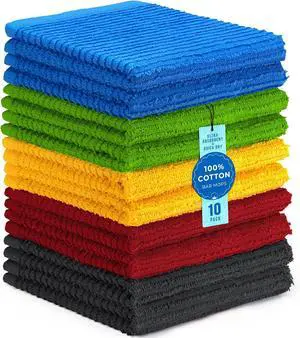 100% Cotton Bar Mop Towels Kitchen Dish Cloths Multi-Purpose Cleaning Towels Ultra Absorbent Machine Washable Quick Dry Vibrant Assortment (Pack of 10)