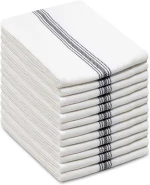 Cotton Craft - Scandia Stripe 12 Pack - Pure Cotton - Professional Commercial Restaurant Grade Kitchen Dish Tea Towel Cloth Napkins - Low Lint Sturdy Weave - Reusable - 16x28-30 Ounces - Charcoal