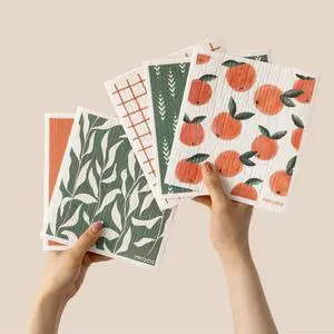 Swedish Dishcloths for Kitchen | 5 Pack Peachy Leaves Washable Dish Rags | Cellulose Reusable Cleaning Paper Towels | Absorbent Counter Dish Cloth Sponge Kitchen Wipes 8 L x 7 W