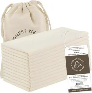GOTS Certified 100% Organic Flour Sack Cotton Kitchen Hand and Dish Towel Sets - Extra Large 27x27 inches Fully Hemmed 12-Pack Natural Tan