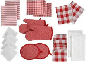 Kitchen Dish Towels Set - 6 Absorbent Kitchen Hand Towels 4 Dish Cloths for Washing Dishes 4 Waffle Dish Washing Scrubbers 2 Flour Sack Kitchen Towels 2 Potholders & 2 Oven Mitts - Red