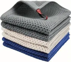 100% Cotton Kitchen Towels - Waffle Weave Dish Cloths for Drying & Cleaning Extra Absorbent & Soft - 12x12 Inch 6-Pack (Each Pack with 3 Colors: Beige Dark Grey Dark Blue)