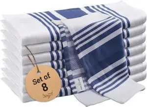Dish Cloth 100% Cotton Pack of 8 Highly Absorbent Quick Drying Soft Premium Dish Towels for Kitchen with Hanging Loop Hand & Tea Towels - 12x12 Inch (Indigo Blue & White Striped)