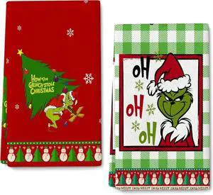 Cute Anime Christmas Dish Towels Decorative Xmas Kitchen Towels Set of 2 Soft Absorbent Green Red Christmas Tea Towels Hand Towels for Holiday Decoration or Gifts