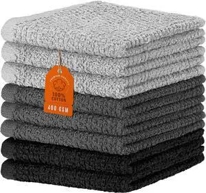 8 Pack Kitchen Dish Towels 100% Cotton Wash Cloth Luxurious Soft 12x12 inch Ultra Absorbent Machine Washable Washcloths Gray (8 Pack)