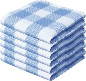 Waffle Weave Plaid Dish Cloths 100% Cotton - 12 x 12 Inches Ultra Soft Absorbent Quick Drying Dish Towels Buffalo Check Dish Rags for Kitchen 6 Pack - Spring Summer Easter - Light Blue and White
