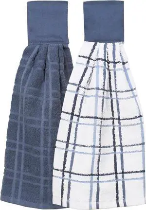 Premium 100% Cotton Solid and Multi Check Kitchen Tie Towel Absorbent Super Soft and Fast Drying Hang Towel Set of Two Federal Blue