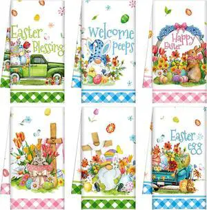 6 Pack Easter Kitchen Towels Dish Towels Seasonal Cloth Tea Towel Bunny Happy Easter Hand Towel Dishcloth Holiday Cloth Towel for Home Housewarming Gift (Colorful Cute Style)