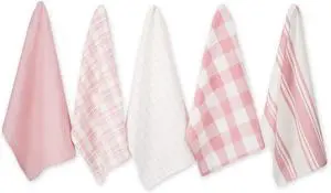 Everyday Basic Kitchen Collection Large Woven Cotton Dishtowel/Tea Towel Set 18x28 Rose 5 Count