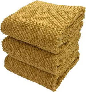 Gold Yellow Textured Kitchen Dish Towels 100% Cotton Cloth Soft Cleaning Drying Absorbent Terry Loop: Set of 3 Multipurpose for Everyday Use