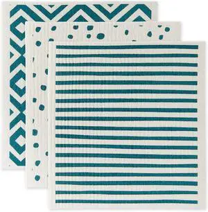 Swedish Dishcloths for Kitchen & Cleaning Reusable Machine Washable & Dishwasher Safe Biodegradable 7.75 x 6.75 Teal & White