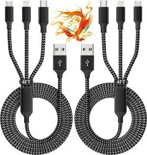Multi Charging Cable(2Pack 4FT) 3 in 1 USB Charging Cable for Multiple Devices Braided Universal Phone Charger Cord with Type-C Micro USB IP Port for iPhone16/15/14/Android Phones and More