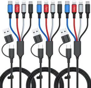 6 in 1 Multi Charging Cable 3Pack-6FT Multi USB Cable 3A Multi Charger Cable Braided Multiple Phone Charger Cable Universal USB A/C Charging Cord with 2*IP/Type C/Micro USB Port for Cell Phone/Tablets