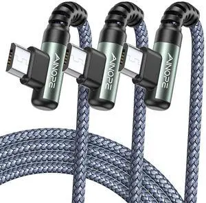 Micro USB Cable Fast Charging USB to Micro USB Charger Cable Right Angle Nylon Braided Charger Compatible with Fire Tablet Kindle  Galaxy Android 6.6ft/6.6ft/10ft 3 Pack Grey